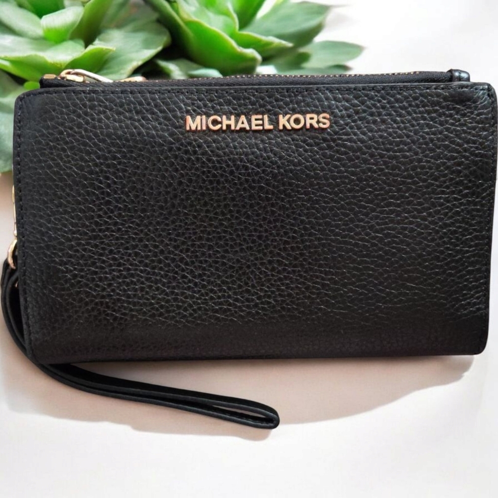 Michael Kors Jet Set Travel Double Zip Wristlet Wallet Pebbled Leather